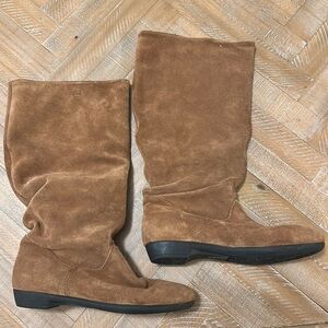 Martino Suede Leather Slouchy Pull On Cognac Camel Brown Midi Calf Boots
